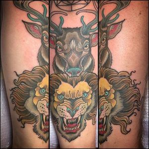 Baratheon and Lannister tattoo by Kelsea McCree. #GOT #gameofthrones #tvshow #traditional #lion #stag