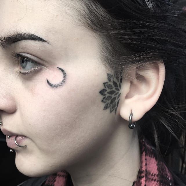 Tattoo uploaded by Rebecca  Handpoked dotwork mandala on the ear and moon  on the face by Lydia Amor LydiaAmor handpoke mandala dotwork blackwork  moon  Tattoodo