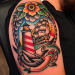 A lighthouse nestled among a hammerhead shark and a clipper by Samuele Briganti (IG—samuelebriganti). #bold #clipper #hammerheadshark #lighthouse #SamueleBriganti #traditional