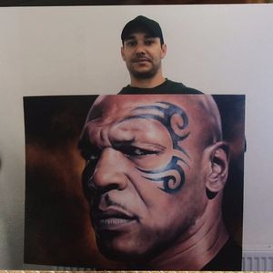 Chris Nieves with his oil painting of Mike Tyson #artshare #miketyson #chrisnieves #art #drawing #painting