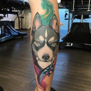 Geometric watercolor husky tattoo by Spendlo. #geometric #watercolor #dog #husky #Spendlo