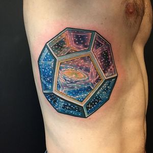Geometric dodecahedron space tattoo by Nick Friederich via Instagram #NickFriederich #space #dodecahedron #galaxy #stars #solarsystem