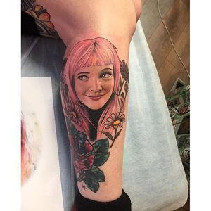 Drew Barrymore portrait tattoo by Dan Molloy. #DanMolloy #drewbarrymore #actress #portrait