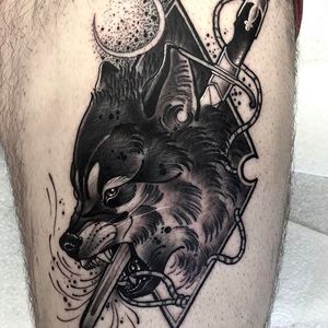 Daggered wolf tattoo by @Neil_Dransfield_Tattoo #NeilDransfieldTattoo #Black #Blackwork #Blackworkers #DarkTattoos #DarkArtists #Dagger #Wolf #NeilDransfield