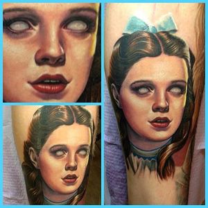 Is this Dorothy the next star guest on the Walking Dead? Tattoo by Steve Wimmer #zombiedorothy #hollywood #cinema #moviestars #color #portrait #wizardofoz #stevewimmer