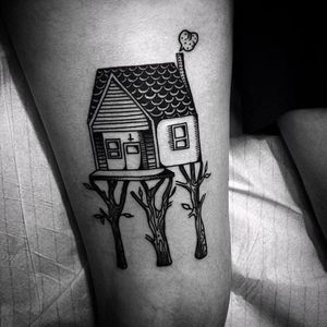 House tattoo by hornypony_tattoo on Instagram. #hornyponytattoo #house #home #architecture #blackwork