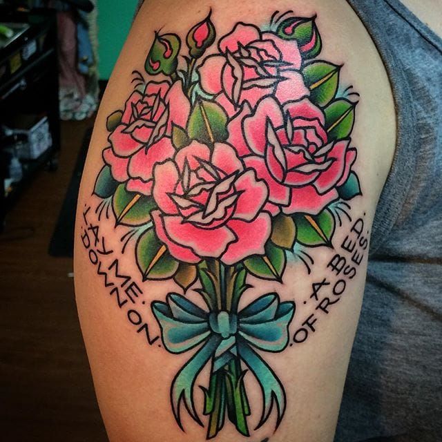 Tattoo uploaded by Stacie Mayer • Romantic traditional rose bouquet and Bon  Jovi lyric tattoo by Amanda Slater. #flowers #bouquet #music #lyrics  #AmandaSlater • Tattoodo