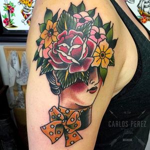Flower Lady and Red Rose Tattoo by Carlos Perez @Carlospereztattooer #Carlospereztattooer #Traditional #Red #Rose #Lady #Girl #Flowers
