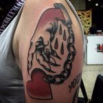 Love tattoo by Giacomo Sei Dita #GiacomoSeiDita #traditional #redink #blackwork #love #heart #chain #hand
