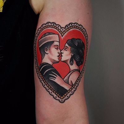 Sailors sweetheart by Paul Aherne #PaulAherne #traditional #color #heart #valentine #sailor #lady #portrait #kiss #vintage #1920s #tattoooftheday