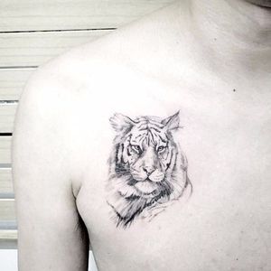 Cute tiger tattoo #realistic by tattooist_flower #potrait #linework #fineline #delicate #tiger #animal