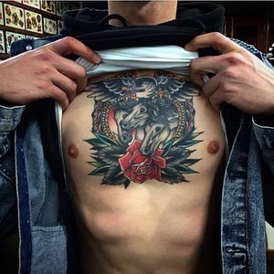 Traditional chest piece by @kirk_jones_tattoo #KirkJones #bold #traditional #chestpiece