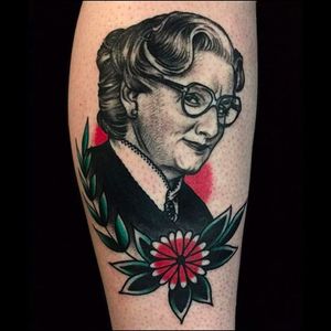 Mrs Doubtfire Traditional Portrait Tattoo by Holly Ellis @Hollsballs1 #HollyEllis #IdleHandsSF #idlehandstattoo #Traditional #Black #Portrait #Portraittattoo #mrsdoubtfire