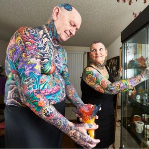 The couple met while Charlotte was getting her first tattoo. #GuinnessWorldRecord #MostTattooed #GuinnessRecord #CharlotteGuttenberg #ChuckHelmke