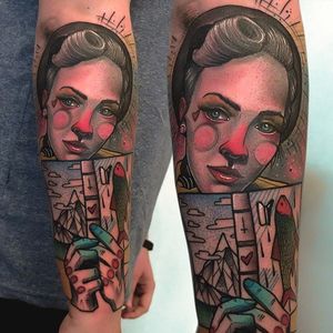 Woman tattoo by Tobias Burchert. #TobiasBurchert #traditionalartstyle #softpastel #contemporary #sketch #portrait #woman