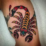 Cute and solid scorpion tattoo done by Aldo Rodriguez. #AldoRodriguez #GrandUnionTattoo #traditionaltattoo #boldtattoos #red #scorpion