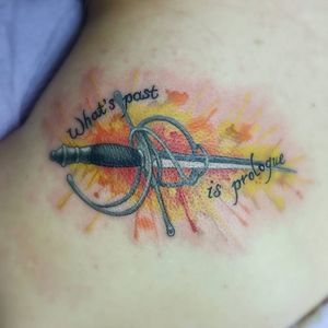 Tattoo by Billy Muren #BillyMuren #TheTempest #Shakespeare #sword #watercolour (photo: Instagram)