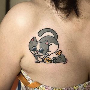 Cartoon cat tattoo by Hong Ji Sun. #Hongjisun #cartoon #bold #comical #funny #cute #cat