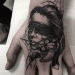 A blindfolded lady head crawling with spiders by Neil Dransfield (IG—neil_dransfield_tattoo). #black #dark #ladyhead #NeilDransfield #neotraditional #spiders