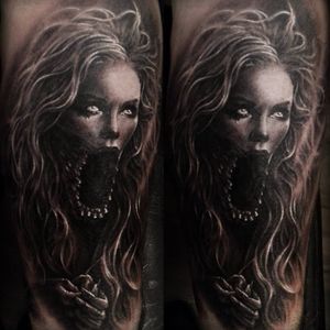 Creepy tattoo by Nicko Metalink #NickoMetalink #blackandgrey #horror #sciencefiction #woman