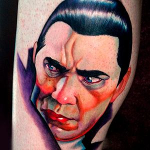 Love the richness of these colors in another classic Bela pose Tattoo by Keith Ciaramello #Dracula #vampire #horror #cinema #BramStoker #colorwork #portrait #BelaLugosi #KeithCiaramello