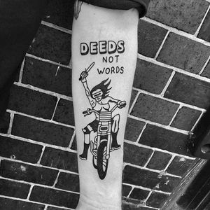 Deeds not words Biker tattoo by Eterno8 @Eterno8 #Eterno8 #Black #Traditional #Blackwork #Bold #Statement #BlackworkTattoo  #Biker #Deedsnotwords