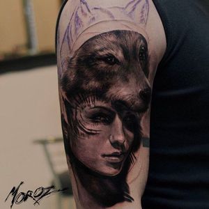 Tattoo in progress by Alexey Moroz. #AlexeyMoroz #Tattoo #girlhead #wolfcowl
