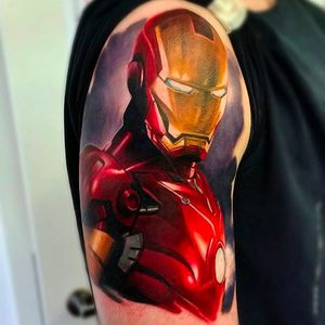 Smooth and solid Iron Man portrait tattoo by Peter Tattooer. #PeterTattooer #portraittattoo #realistic #ironman #marvel #colorportrait #realism #portrait