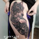 Wolf and snake tattoo by Inky Joe #InkyJoe #blackandgrey #realistic #animal #wolf #snake #realism