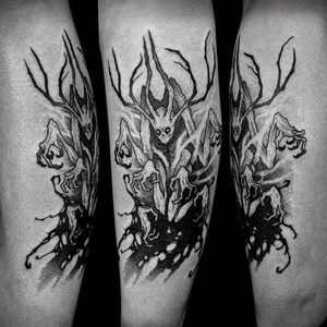 Tree-like monster tattoo by Sergei Titukh. #SergeiTitukh #blackwork #creepy #nightmare #creature #spooky #dark #monster
