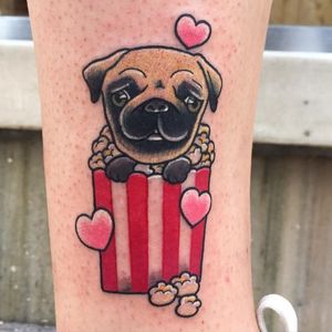 Popcorn pug tattoo by Meri #Meri #popcorn #cinema #pug #dog