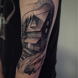 Tattoo by Ralph Miller #RalphMiller #housetattoo #house #cabin #blackwork