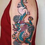 Tattoo by Boshka Grygoriew Alvy#BoshkaGrygoriewAlvy #dragontattoos #color #dragon #tibetan #Tibet #rabbit #shells #clouds #fire #folklore #legend