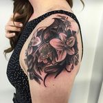 Black and grey jasmines, magnolia and columbine flower tattoo by Phil Crespo. #flower #floral #columbine #columbineflower #jasmine #magnolia #PhilCrespo