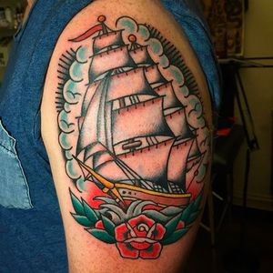Beautiful classic ship tattoo done by Andrew Mcleod. #AndrewMcleod #traditionaltattoo #ship