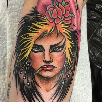 Nina Hagen by Guen Douglas #GuenDouglas #musictattoos #color #newtraditional #NinaHagen #portrait #music #flowers #roses #cigarette #bow #punk #newwave #singer #lipstick #ladyhead #tattoooftheday