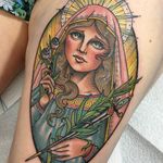 Tattoo by Guen Douglas #GuenDouglas #neotraditional #color #VirginMary #sword #eyes #leaves #palms #light #lady #portrait #pattern