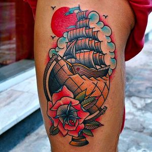 Beautiful looking globe with a ship and rose. Awesome work by Chris Papadakis. #ChrisPapadakis #traditionaltattoo #rose #globe