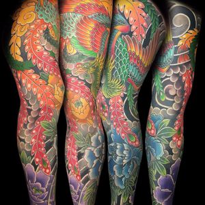 Bird Rising by Steve H Morante #SteveHMorante #Japanese #color #peacock #phoenix #feathers #wings #bird #flowers #clouds #leaves #nature #floral #blackandgrey #tattoooftheday