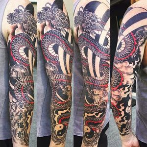 Arm sleeve by Jaimie West (via IG -- jaimietattoo) #jaimiewest #dragon #yinyang #sleeve