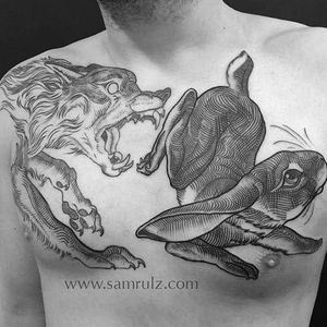 Hare Tattoo by Sam Rulz #IllustrativeTattoos #Illustrative #Etching #Illustration #Blackwork #SamRulz #hare #wolf #hunt