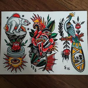 Traditional tattoo flash by Sam Ricketts, photo from Sam's Instagram. #flash #flashsheet #traditional #oldschool #skull #polarbear #peacock