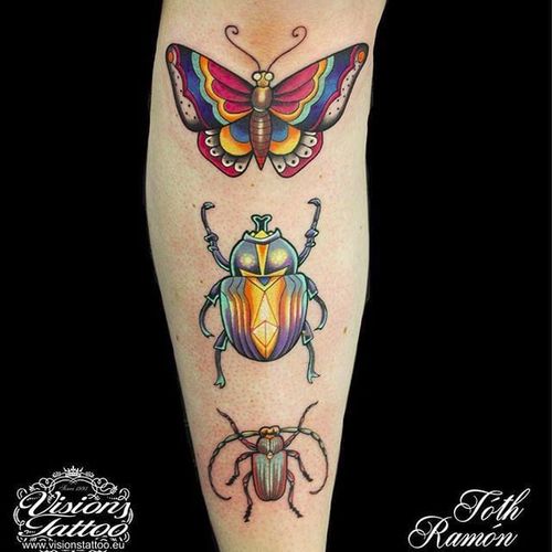 Spring also means the arrival of bugs. By Toth Ramon (via IG -- visions_tattoo) #tothramon #springtime #butterfly #beetle