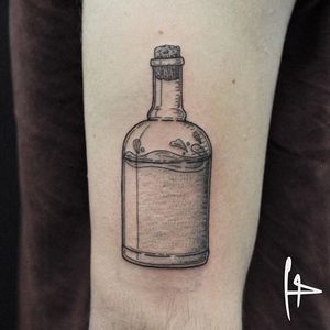 Rum bottle tattoo by Harry Plane. #blackwork #linework #rum #bottle #rumbottle #HarryPlane