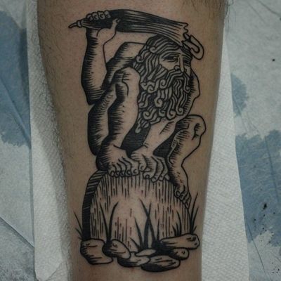 Tattoo by Franco Maldonado #FrancoMaldonado #blackandgrey #illustrative #newtraditional #darkart #surreal #linework #etching #woodblock #human #prehistoric #umbrella #rocks #primitive