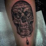 Bejewelled Day of the Dead skull tattoo by Bobby Loveridge @bobbalicious_tattoo #black #blackandgray #churchyardtattoostudio #uk #dayofthedead #skull
