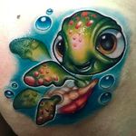 Super cool tattoo of Squirt from Finding Nemo! Tattoo by Josh Herman. #JoshHerman #MAYDAYtattoo #NewSchool #ColoredTattoo #findingnemo #turtle #Squirt