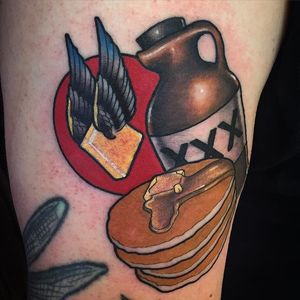 An abstract pancake, butter and syrup tattoo by Chase Martines. #traditional #abstract #pancakes #butter #syrup #breakfast #ChaseMartines