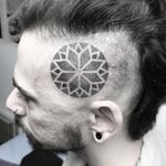 Dotwork mandala on the side of the head by Seth Arcane. #dotwork #SethArcane #headtattoo #mandala