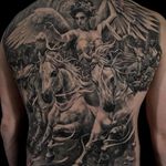 Healed & sealed back-piece by Carlos Torres #CarlosTorres #blackandgrey #realism #horse #lady #wings #tattoooftheday